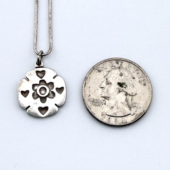 Vintage Mexican Sterling Silver Heart & Flower Pendant Necklace – 17” Italian Ch - Picture 3 of 12